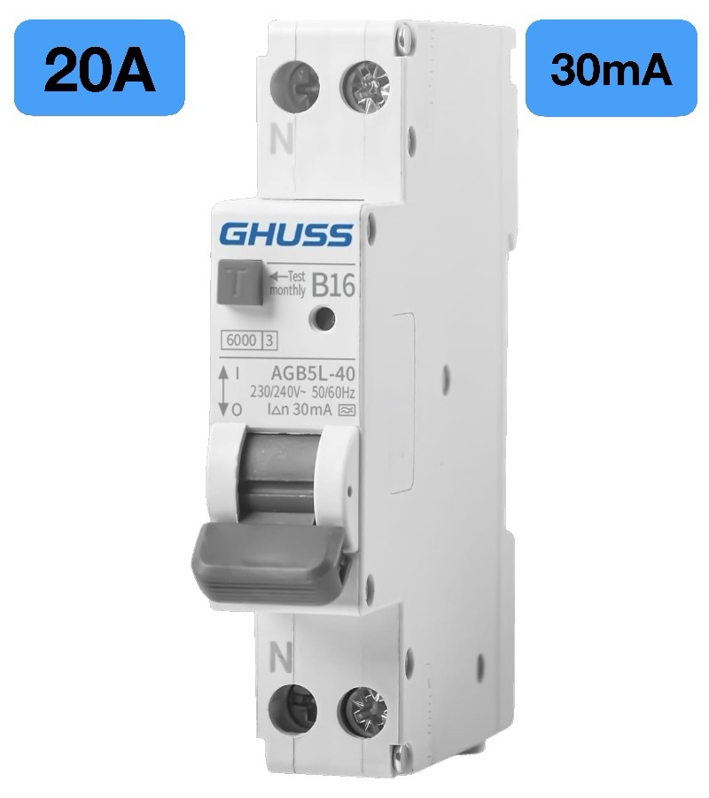 GHUSS aardlekautomaat C20 30mA (1P+N) (spanningsonafhankelijk)